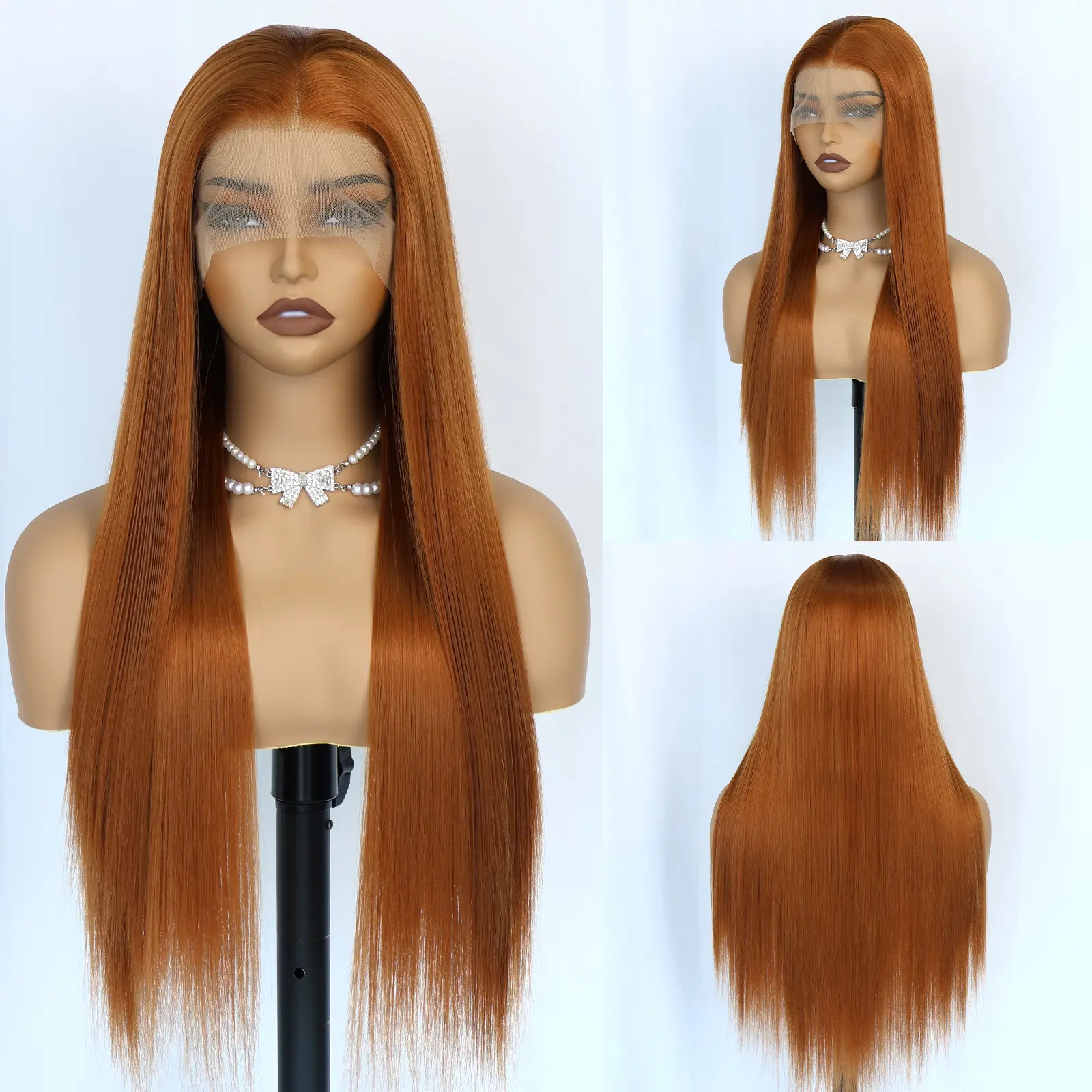 Aodbar Women's 28-Inch Ginger Silky Straight Synthetic Lace Front Wig - Heat Resistant Synthetic Material Wigs, Glueless Design, Ideal for Daily, Party Use, Lace Frontal Wigs