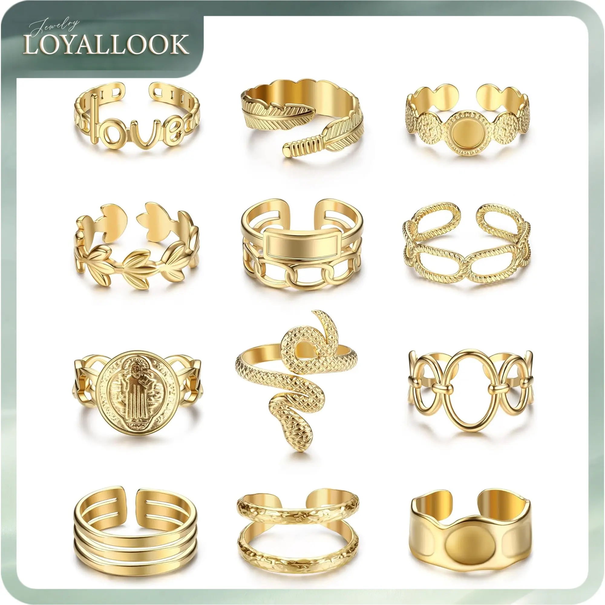 LOYALLOOK 18K Gold Plated Rings for Women, Stainless Steel Statement Rings Pack Stacking Boho Midi Rings Adjustable Open Ring Band Twisted Signet Rings Non Tarnish Gold Rings