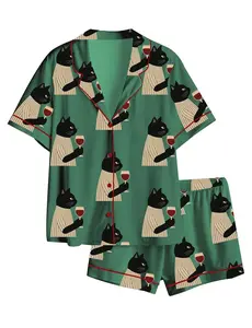 Black Cat Wine Print Pajama Set, Cute Kitty Sleepwear, Short Sleeve Satin Top, Elastic Waist Shorts, Funny Lounge Outfit Gift