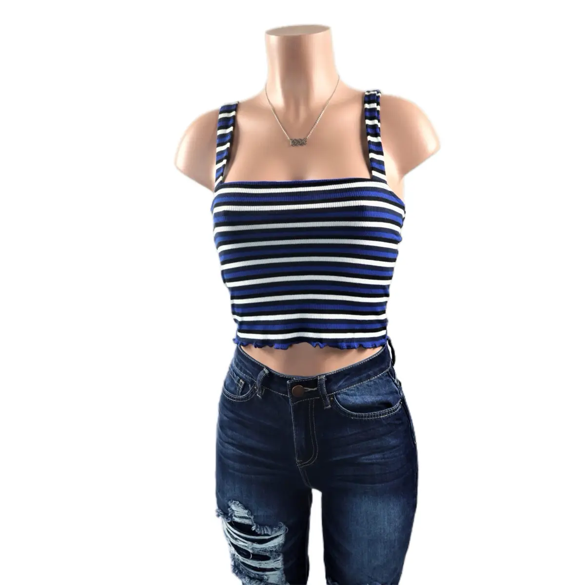 Brandy Striped Crop Top - Women's Casual Sleeveless Tank Top - Spandex Square Neck Womenswear Rayon