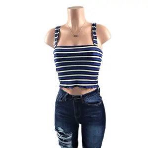 Brandy Striped Crop Top - Women's Casual Sleeveless Tank Top - Spandex Square Neck Womenswear Rayon