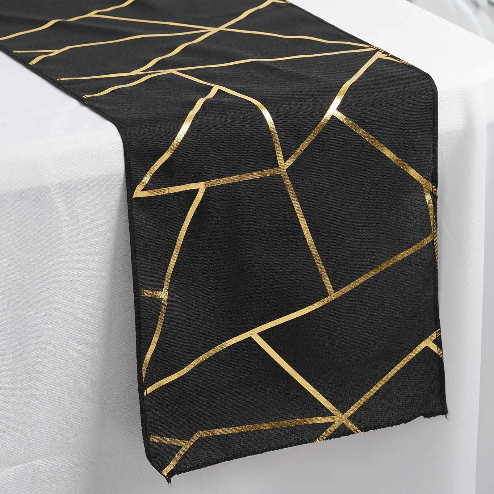 Polyester Table Runner, 9ft Black with Gold Foil Geometric Pattern, Ideal for Event, Party, Restaurant Decoration, Wedding