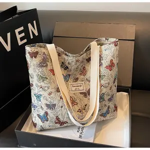 Chic Butterfly Print Handbag with Zipper Fashionable Canvas Shoulder Bag Straps for Everyday Use Casual Style Women's Accessories