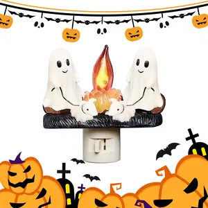 Hand Made Ghost Campfire Flickering Nightlight-lndoor Decorations,2025 Ghost Roasting AtCampfire Nightlight, Faux Campfire Night LightPlug into Wall,Spooky Fire Marshmallow NightLight Halloween Gifts indoor spooky