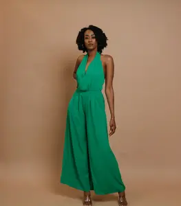 Yael Green Jumpsuit V-Neck and Flair Pants Comfort Minimalist Elegant Women Womenswear Backless Evening Flowy
