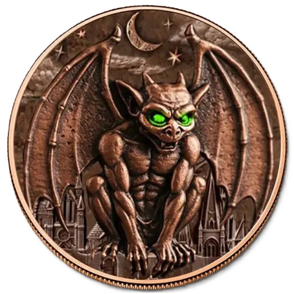 5 oz Copper Gargoyle  Round with Glow in the Dark Eyes with Acrylic Case