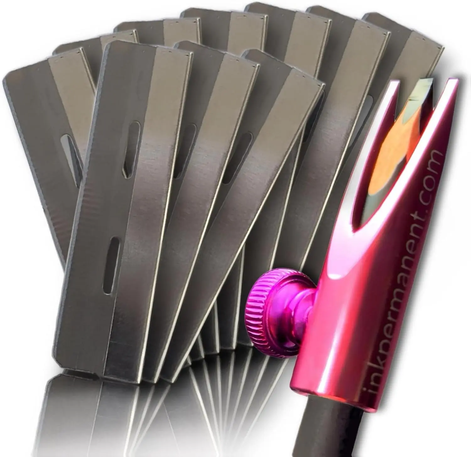 Metal Eyebrow Pencil Shaper and Mapping Sharpener, Shaping Tool for Waterproof Peel-Off Brow Pencils with 10 Razors Duckbill Sharpener, Eyebrow Mapping Kit (Pink)