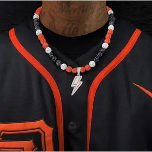 Iced Bling Disco Ball Rhinestone Pollyanna Crystal Bead Baseball Softball Necklace Orange, Black + Lightning Pendant