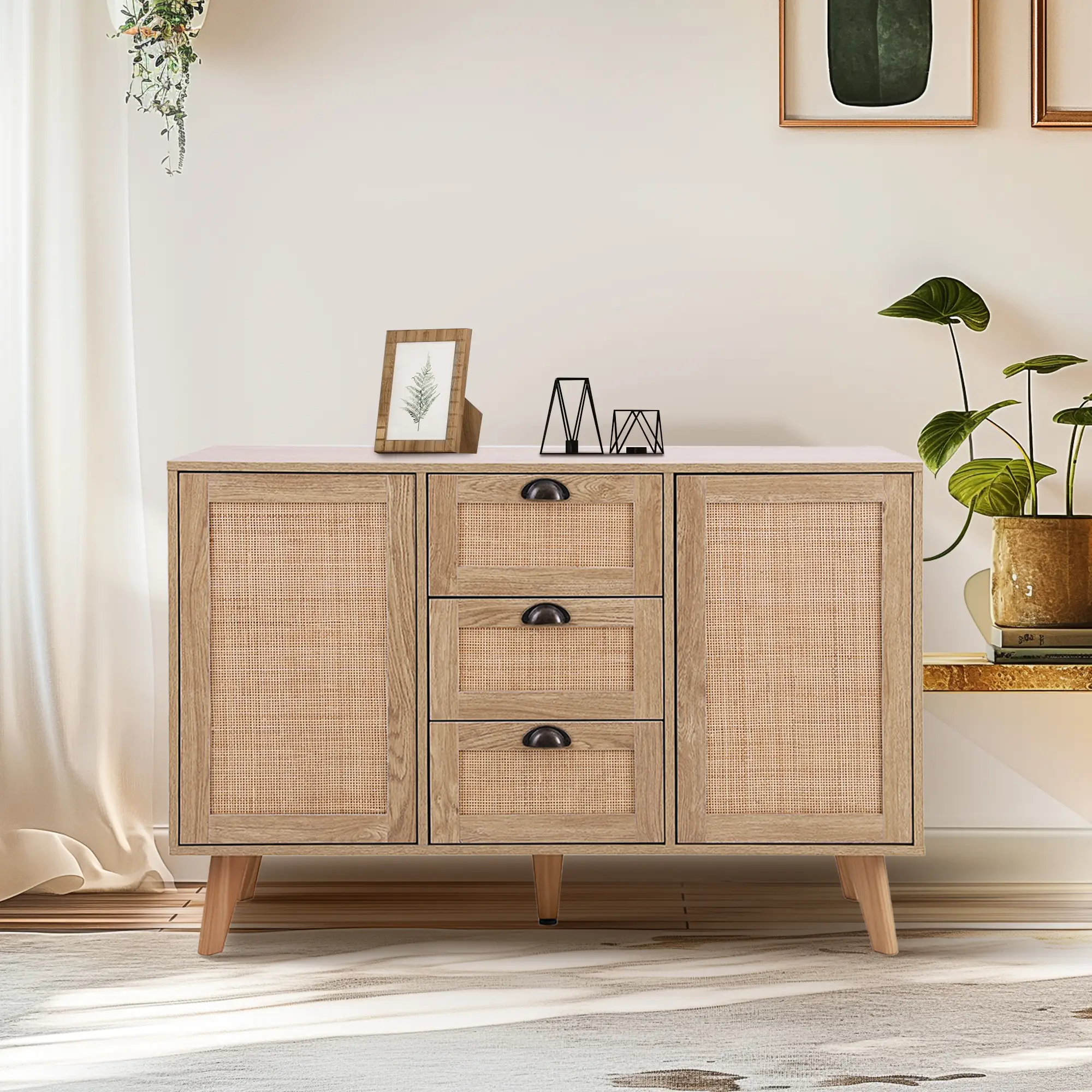 PHI VILLA Rattan Nightstand 3 Drawer Dresser for Versatile Storage and Organization in Boho Design for Indoor Use Organize Minimal