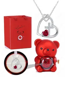 Luxury Heart Cross Pendant Necklace with Cute Bear Rose Gift Box, Perfect for Girlfriend, Lover, Mother, Valentine's Day, Birthday, Christmas, High End Necklace