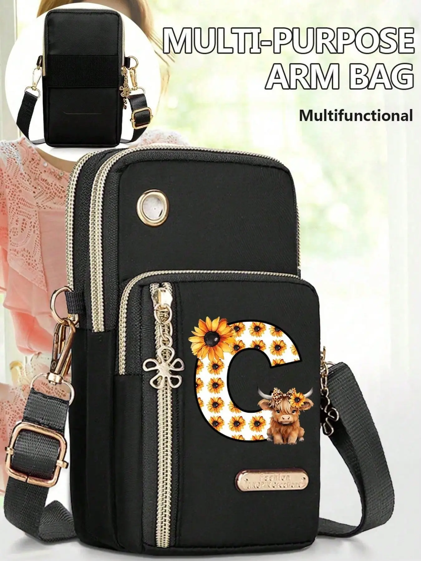 Large Capacity Crossbody Bag, Multi-Layer Phone Case, Sunflower Highland Cow Pattern, Women's Vertical Wallet, Sports Arm Bag, Mini Casual Shoulder Bag
