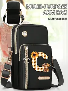 Large Capacity Crossbody Bag, Multi-Layer Phone Case, Sunflower Highland Cow Pattern, Women's Vertical Wallet, Sports Arm Bag, Mini Casual Shoulder Bag