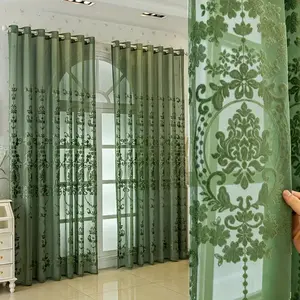 1pc Bohemian Style French Floral Jacquard Green Semi-Sheer Curtain Panel, Modern Textured Fabric, Light Filtration, Home Decor For Bedroom, Living Room, Balcony, Window Curtain, Home Decoration Curtain