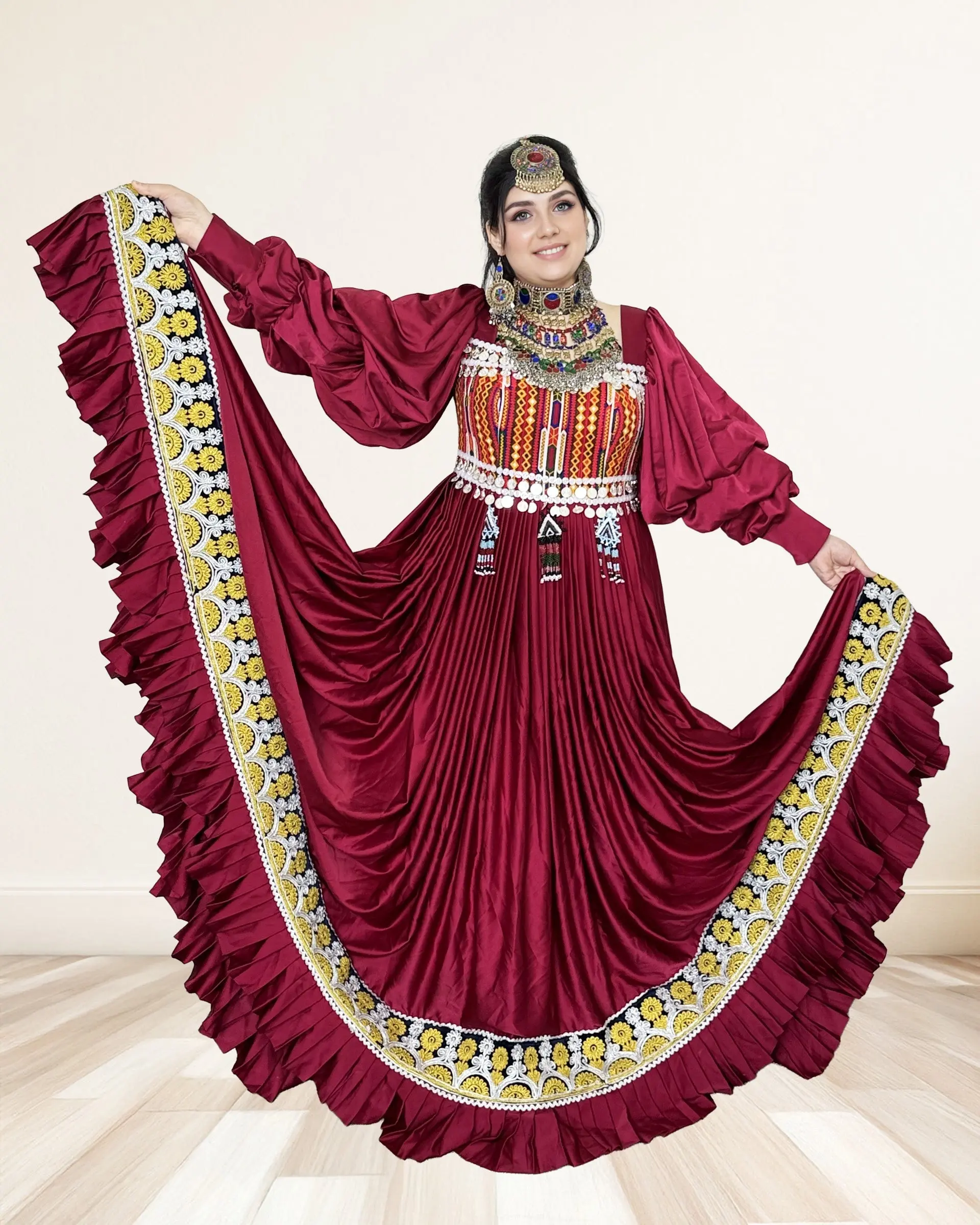 Women's Chic Hand-Embroidered Authentic Afghan Craftsmanship Wedding Dress - Fitted Bodice, Full-Length Traditional Gown, Pleated Skirt, Puff Long Sleeves, Hand Embroidery