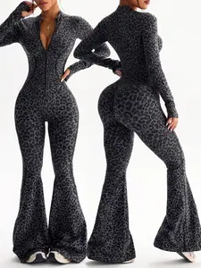Women's Seamless Leopard Print Yoga Suit, High Waist Butt Lifter, Long Sleeve Zipper, Slim Fit Workout, Running Sportswear, Active Wear