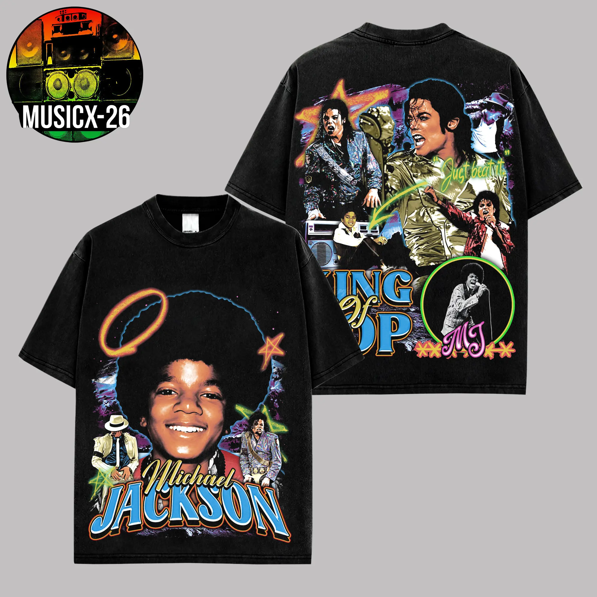 [X-26] Vintage Michael Jackson Graphic High-Quality Acid Washed Cotton T-Shirt, Michael Jackson Retro Concert Collage Fan Merch Tee, King of Pop Classic Dance Pose Graphic Shirt, MJ Collector Edition Music Fan Gift Tee