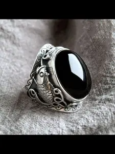 Vintage Obsidian Ring for Men, Koi Fish Ethnic Pattern, Adjustable Copper Chain, Casual Style, All Seasons Jewelry