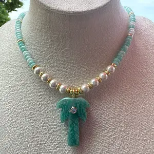 Palm Tree Beaded Necklace | Tropical Summer Necklace | 16” + 2” Extension