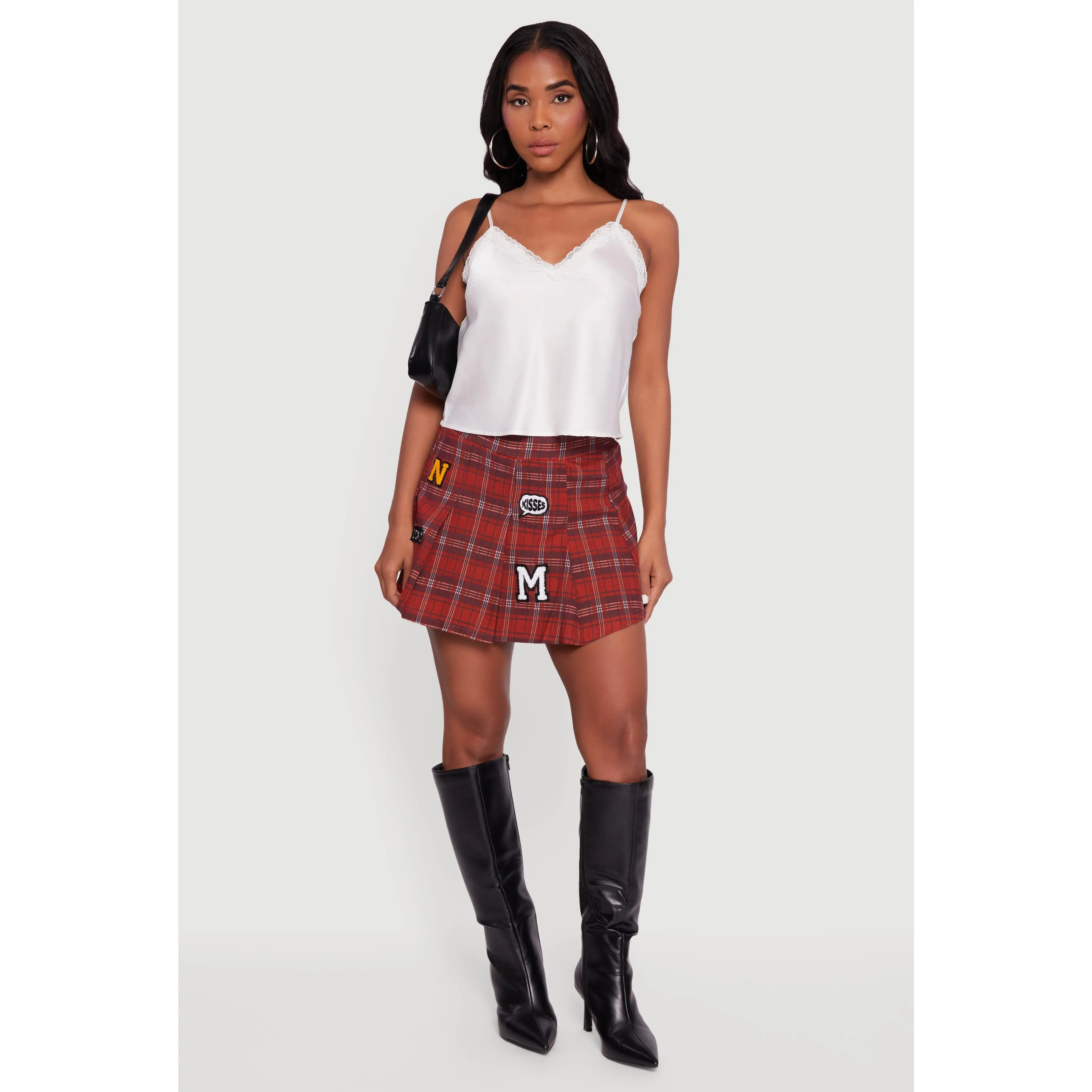 Embroidered Graphic Patch Plaid Pleated Skirt