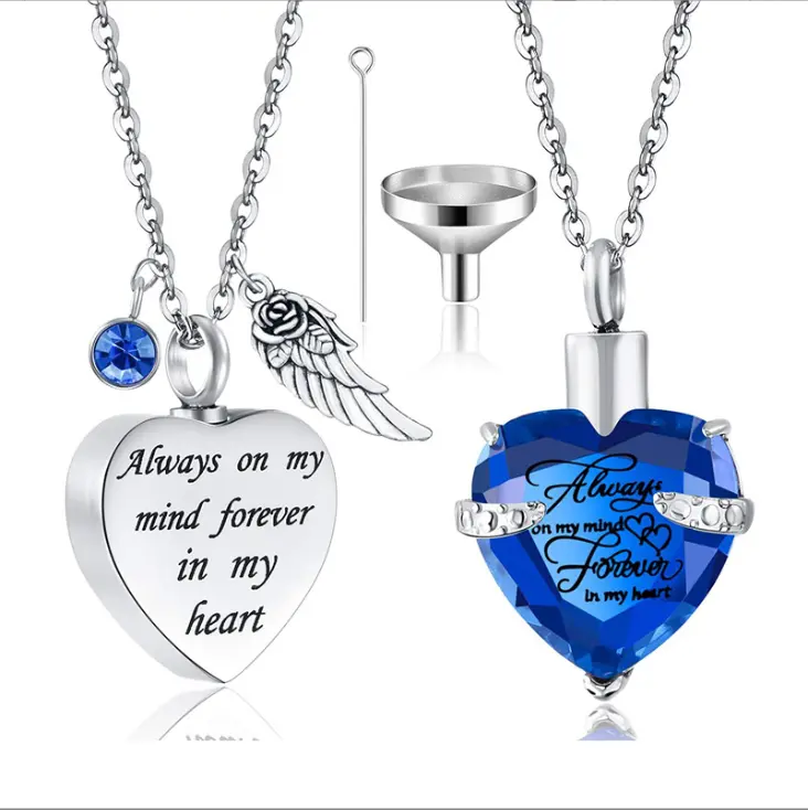2 PCs Cremation Urn Necklace Heart-Shaped Ashes Necklace Carved Locket StainlessSteel Waterproof Memorial Pendant with