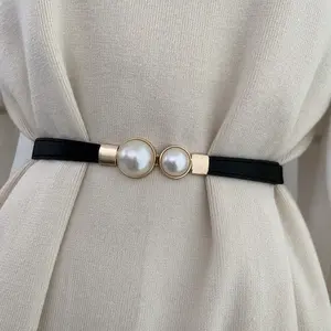 Women's Thin Elastic Belt Decorative Dress Double Buckle Belt