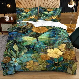 Bamboo Pattern Bedding Set (Butterfly Design, Dragonfly, Bee, Insect Series), Suitable for Young Adults' Bedroom Decor, Includes 1 Bed Cover and 1 or 2 Pillow Covers (Excluding Quilt and Pillow Inserts)