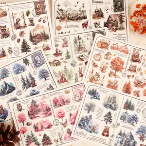 2sheets PVC Waterproof Four Seasons Forest Self-adhesive DIY Transfer Sticker Packs,for Scrapbooking Supplies,Junk Journal Kits,Crafts,Watercolor Art,Ephemera,Gift Decoration,Watercolor Art