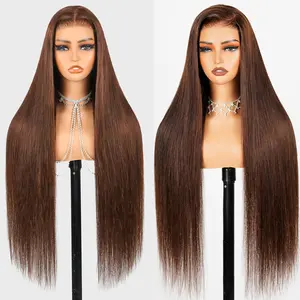 Brown Straight Lace Front Blended Human Hair Wig #4 Chocolate 13x4 HD Transparent Lace Wig Human Hair Pre Plucked with Baby Hair Natural Hairline for Women 250% Density