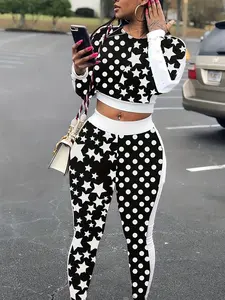 【Plus Size】 Polka Dot & Star Print Crop Top & Pants Set, Casual Fashion Cozy Two-piece Outfits for Daily Outdoor Wear, Women Clothing for Spring & Fall, Womenswear