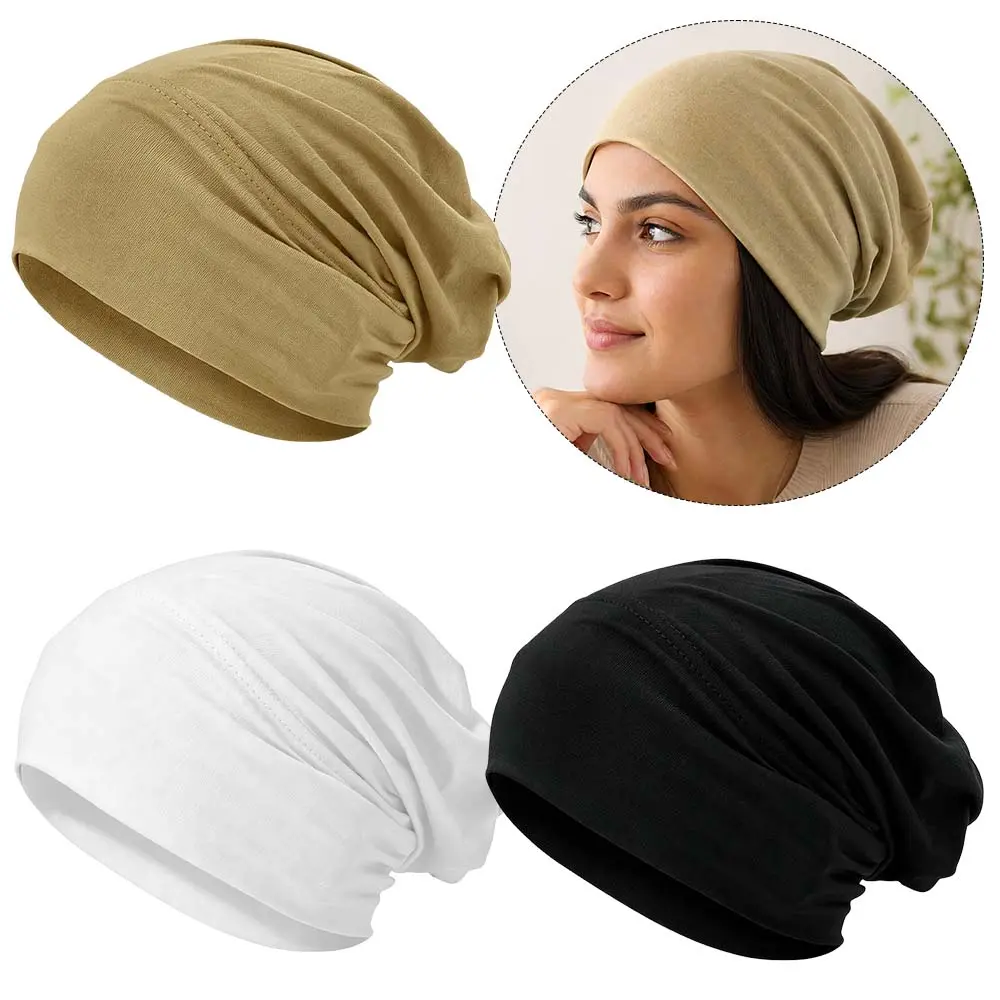 Women's 3pcs Stretchy Solid Turban Head Wraps - Comfortable Lightweight Slouchy Bonnets for Women, Non-Pressure Scalp Protection Mess Free Sleep Hair Cap for Chemo Patients Daily Wear