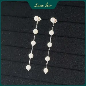 LavaJewelry Real Long Pearl Earrings, Long Pearl Earrings, Dangle Pearl Earrings, 925 Silver Earrings for Women