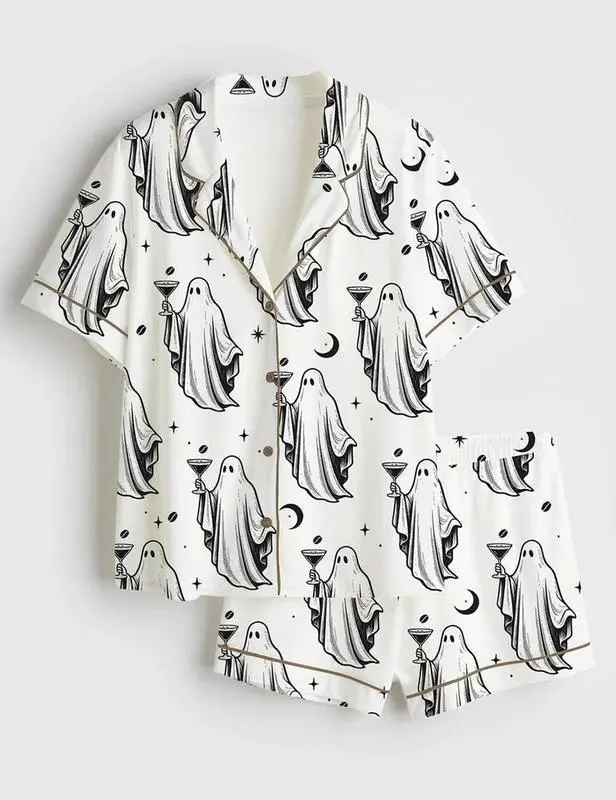 Creepy Halloween Pajamas, Horror Inspired Lounge Set, Gothic Sleepwear for Fans, Short Sleeve Cozy PJs