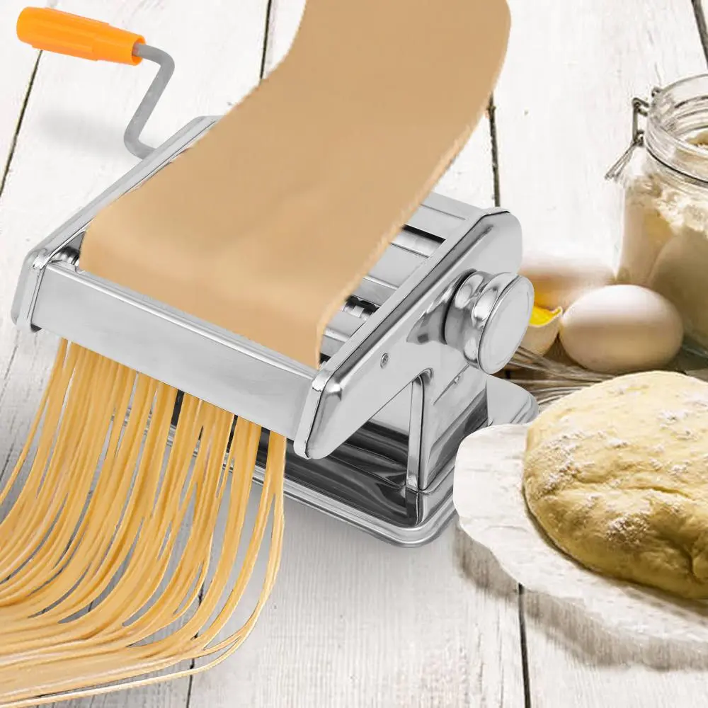Stainless Steel Italian Pasta Machine - Lightweight Kitchen Utensil with Adjustable Thickness Noodle Roller Cutter, Detachable Parts, Cutting Function, Handle, Clamping Device and Home Use Operation Manual