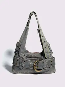 Retro washed and distressed denim shoulder bag, metal buckle belt design personality shoulder bag, niche designtrendy fashionable versatile shoulder bag, suitable for daily travel, shopping and dating, etc., Denim Crossbody Bags, Denim Shoulder Satchel