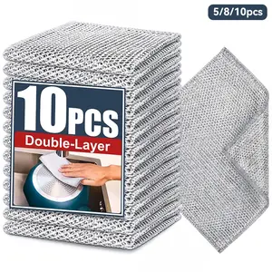 Double Layer Dish Towel, Dishwashing Cloth, 5/8/10pcs Multipurpose Non-scratch Wire Dishcloths for Wet and Dry Use, Reusable Wire Cleaning Cloths for Kitchen, Sinks, and Pans, Home Cleaning Rag, Household Items