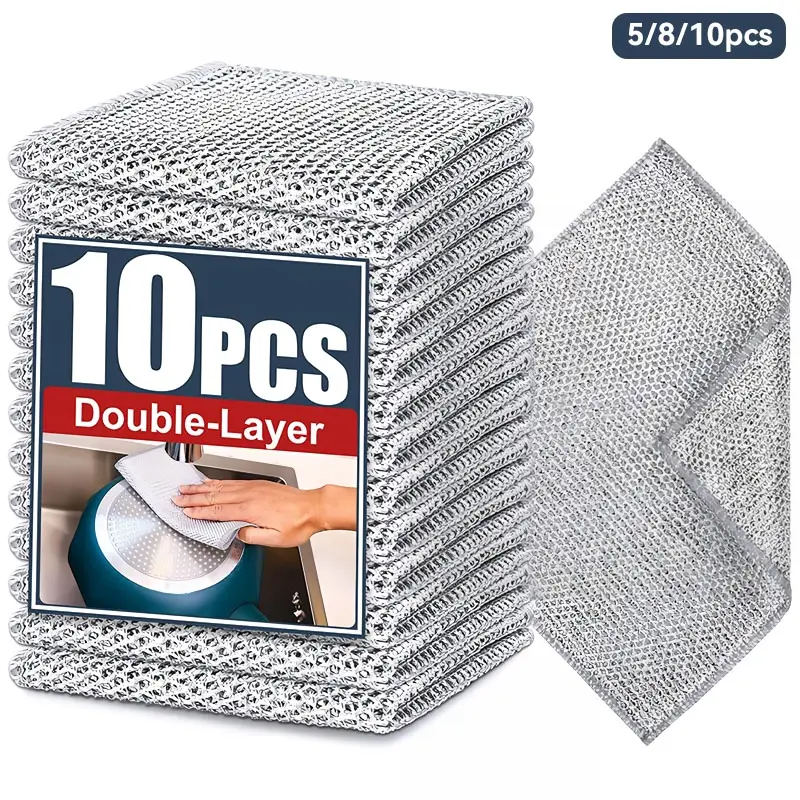 Double Layer Dish Towel, Dishwashing Cloth, 5/8/10pcs Multipurpose Non-scratch Wire Dishcloths for Wet and Dry Use, Reusable Wire Cleaning Cloths for Kitchen, Sinks, and Pans, Home Cleaning Rag, Household Items