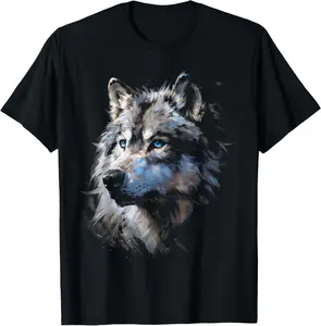 100% Cotton Alpha Wolf Shirt Fantasy Art Graphic Blue Eyes Wolf Lovers T-Shirt