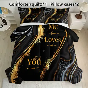 Custom Mc Loves You Marble Bedding Set, 1 Comforter & 2 Pillowcases, Luxury Couple Decor, Feather Silk Cotton Material