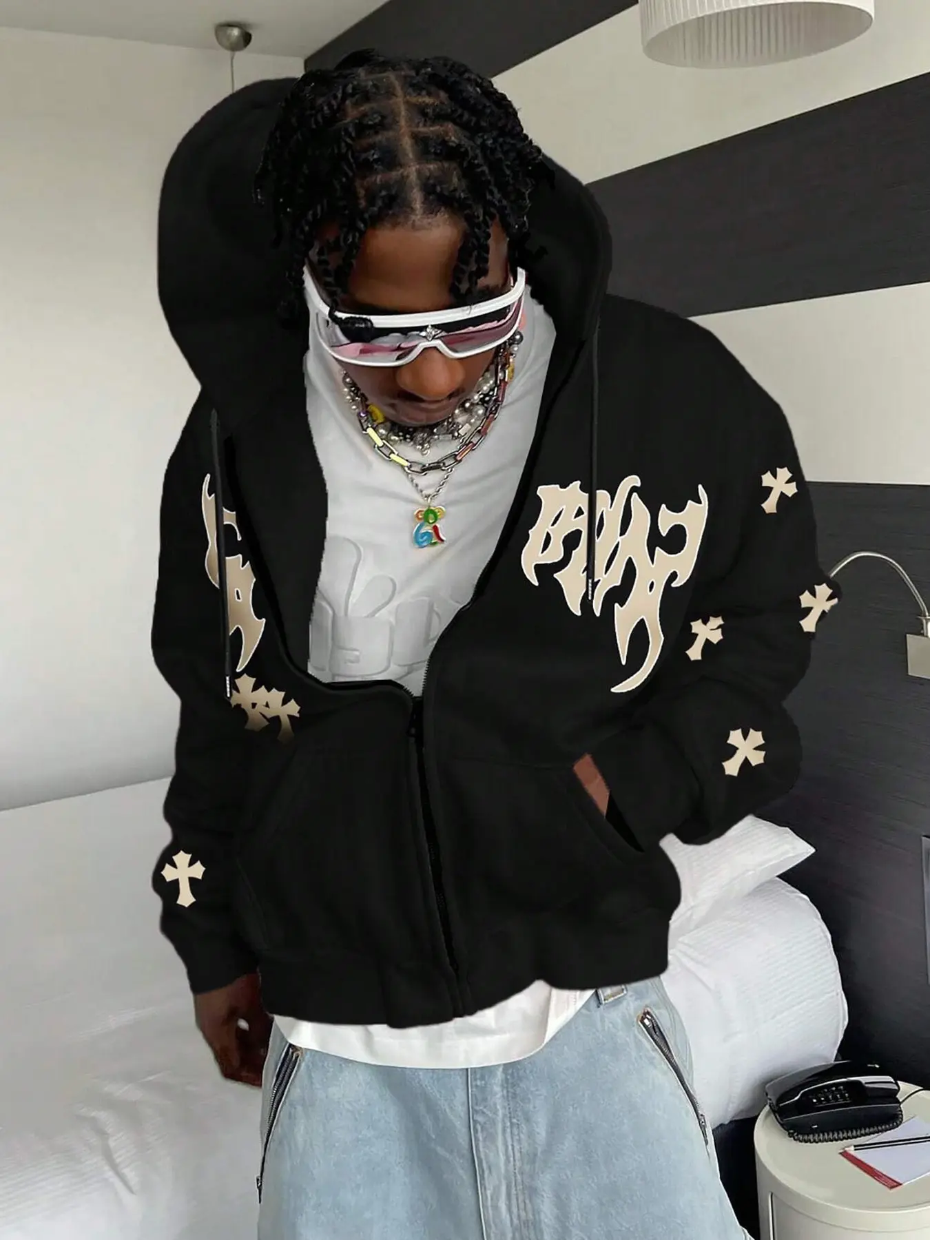 Men's Full Print Hoodie, Street Casual Zip-Up Sweatshirt, Long Sleeve Fitted Design, Perfect for Daily Wear & Outdoor Activities