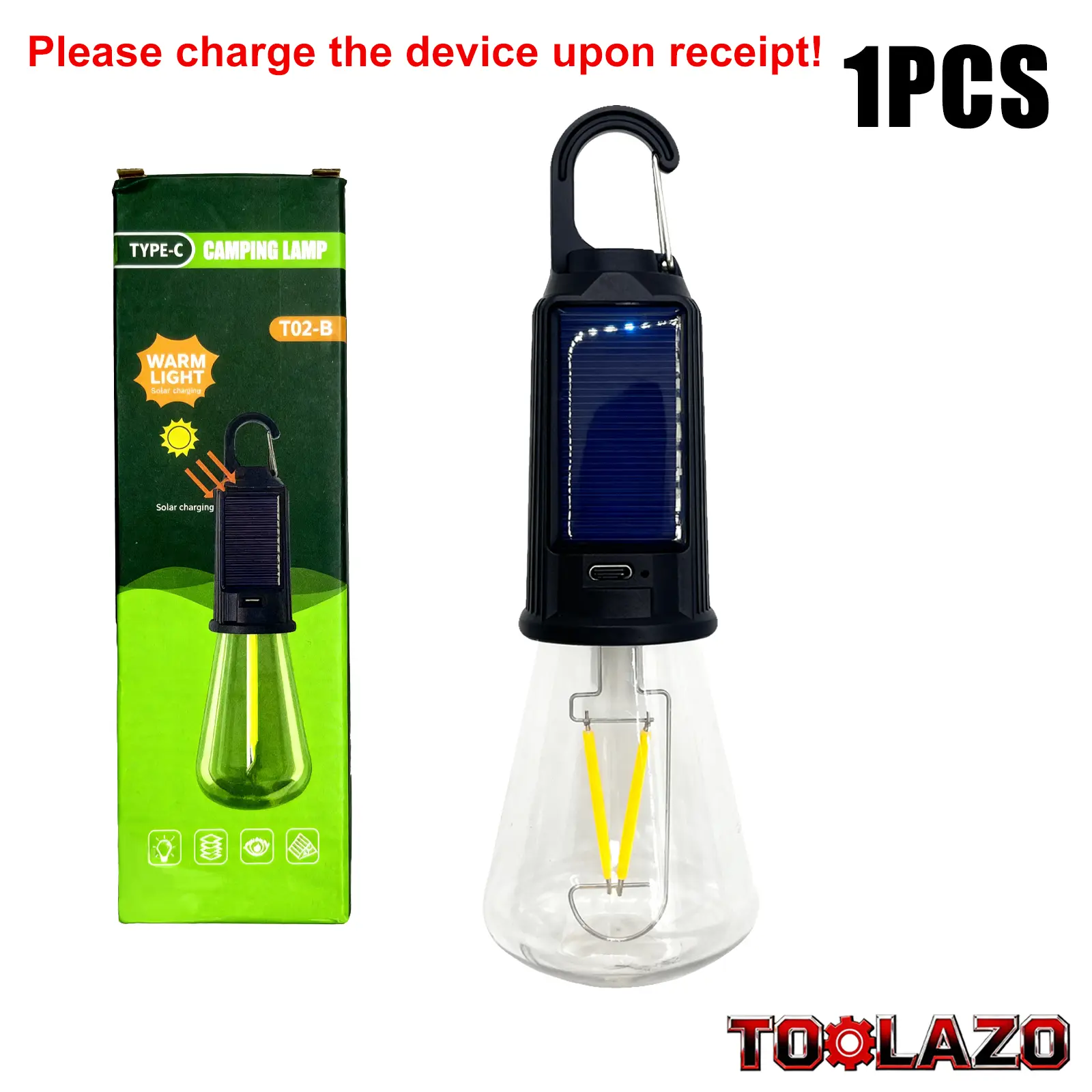 51g Type-C & Solar Powered ABS Plastic Rechargeable LED Camping Lantern with Built-in Carabiner - 3-Mode Brightness, Adjustable Light Modes, Waterproof, Durable, Hang on Tent or Bag, for Emergency, Reading (Camping Accessory)