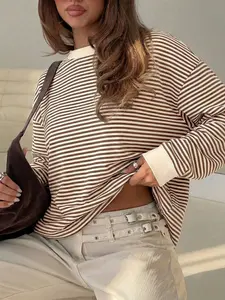 Simple Casual Loose Fit Striped Long Sleeve Lady T-Shirt, Round Neck, H-Type Silhouette, Short Length, Perfect for Daily Wear