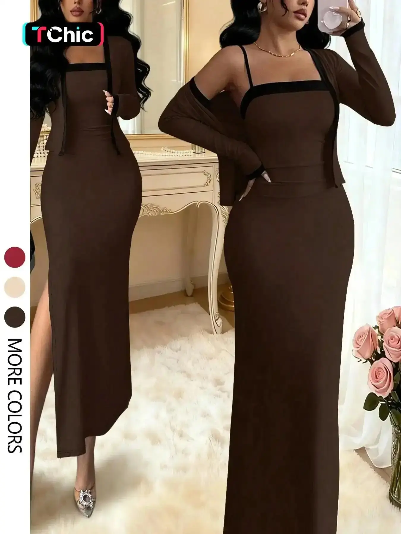 Women's Fall Winter Fashion Comfortable Soft Colorblock Knit Cardigan and Side Slit Dress Set, Outfit, Stylish Two-Piece, Elegant, Chic