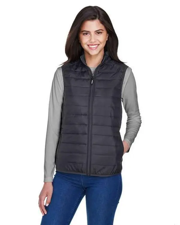 Ash City Core 365 Women's Prevail Water-Resistant Medium-Length Polyester Shell Soft Puffer Vest - Solid, Short-Sleeve, Lightweight, Packable, Thermal, Zippered Pockets, Crew Neck, Fitted, Machine-Washable, Basic, Minimalist, Comfortable Casual Wear Top