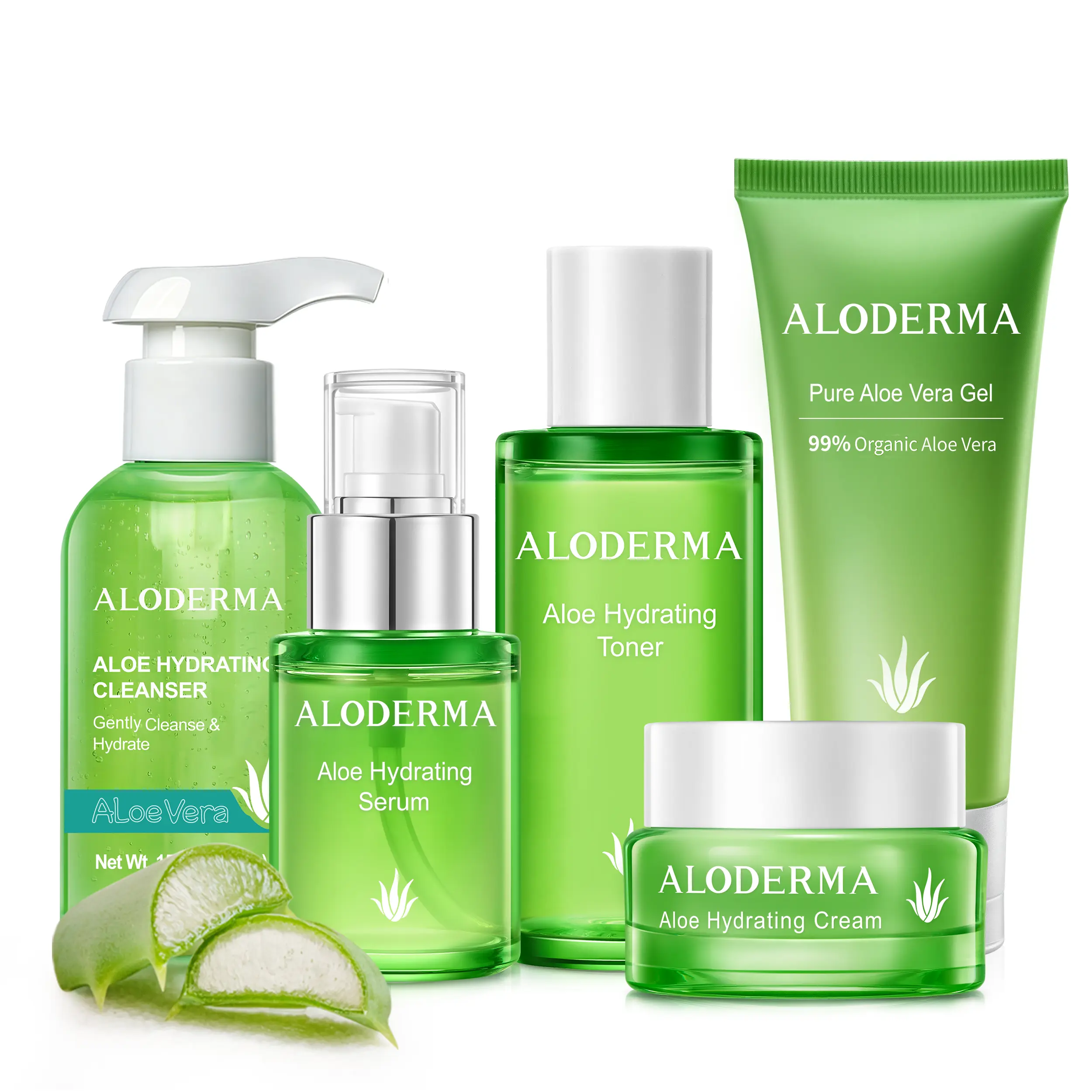 Aloderma Signature Aloe Hydrating Set - 5 Pieces - Aloe Vera Gel, Cleanser, Toner, Serum, Cream