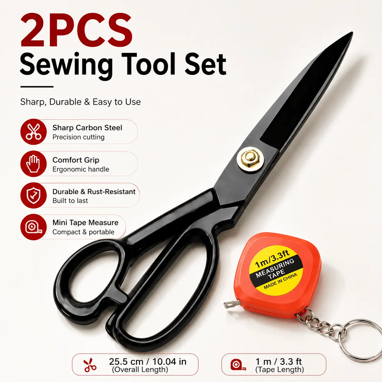This 2-piece sewing tool set includes carbon steel tailor's scissors and a 39.37-inch mini measuring tape. The sharp and durable fabric scissors are suitable for sewing, cutting, crafts, home use, school supplies, and DIY projects.