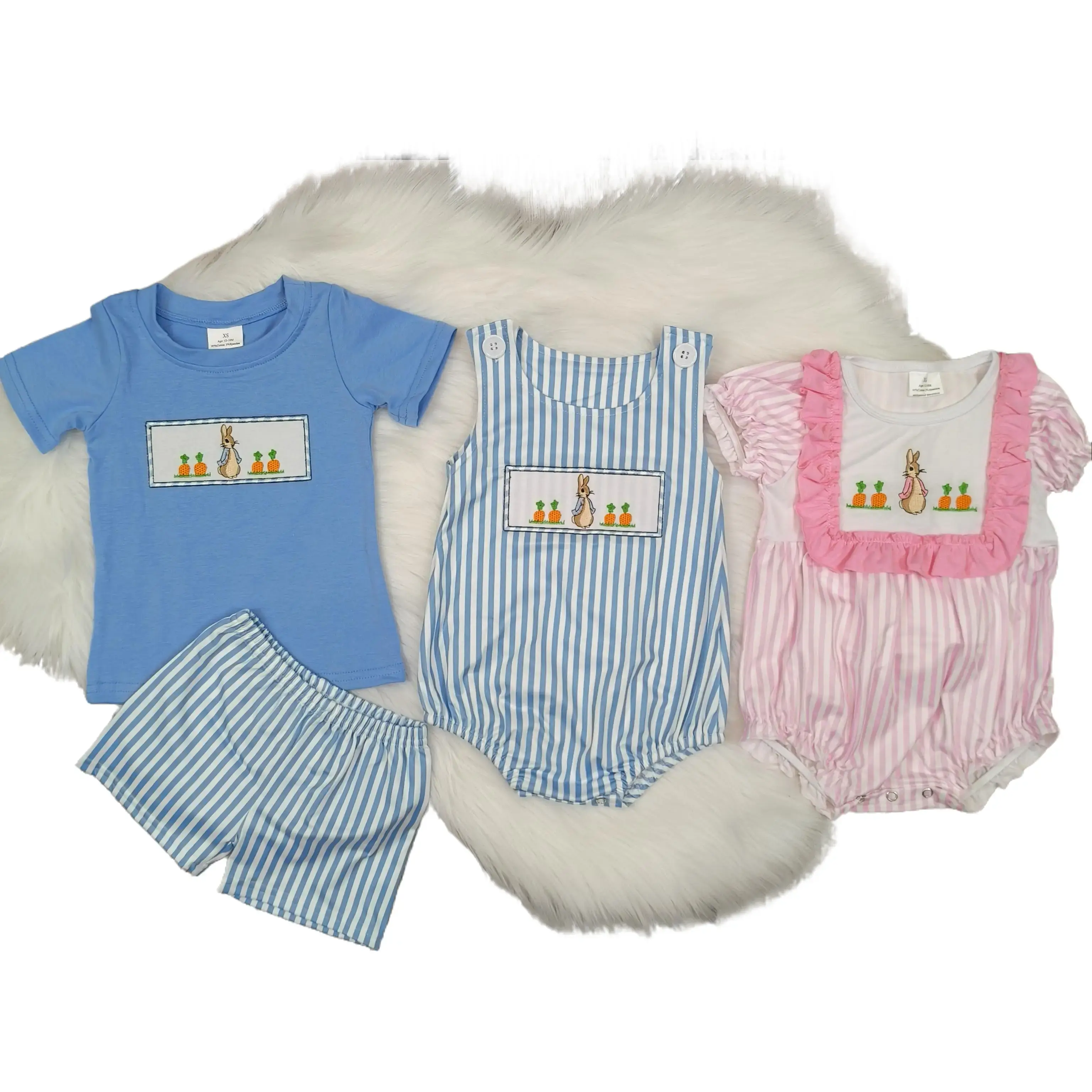 Kids' Unisex 2-Piece Soft Fabric Adorable Easter Matching Outfits - Short-Sleeve Fitted Top with Rabbit Embroidery, Matching Shorts for Egg Hunts, Match Siblings, Cute, Two-Pieces