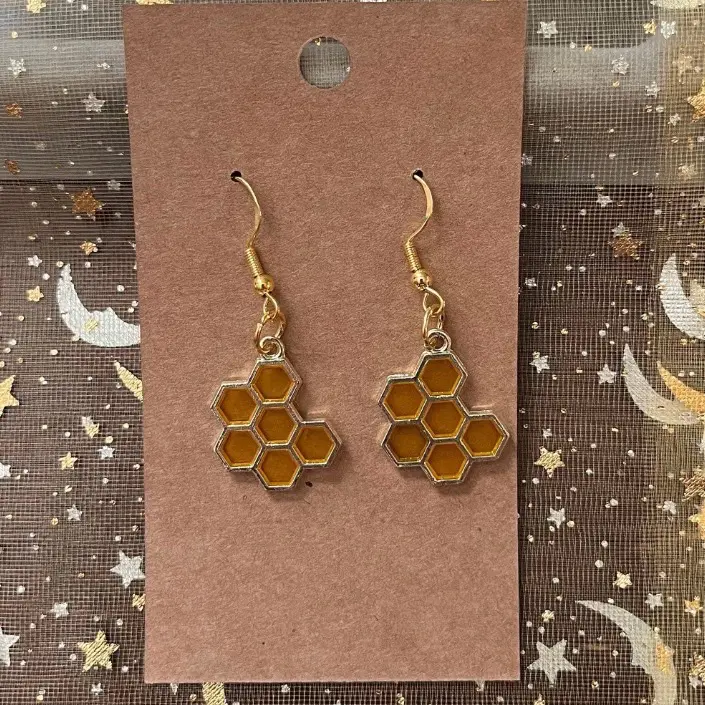 Gold Honeycomb Earrings - Unique Design Hook Earrings with Complimentary Stickers for Personalization