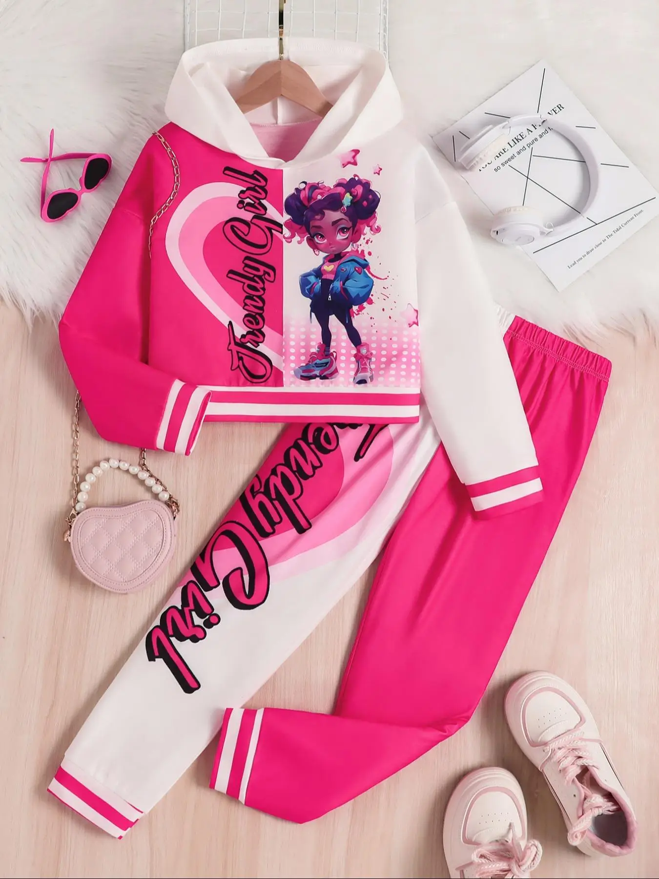 Girl's Random Print Hoodie & Pants Set, Casual Long Sleeve Hooded Sweatshirt & Jogger Pants for Daily Wear, Kids Summer Clothes