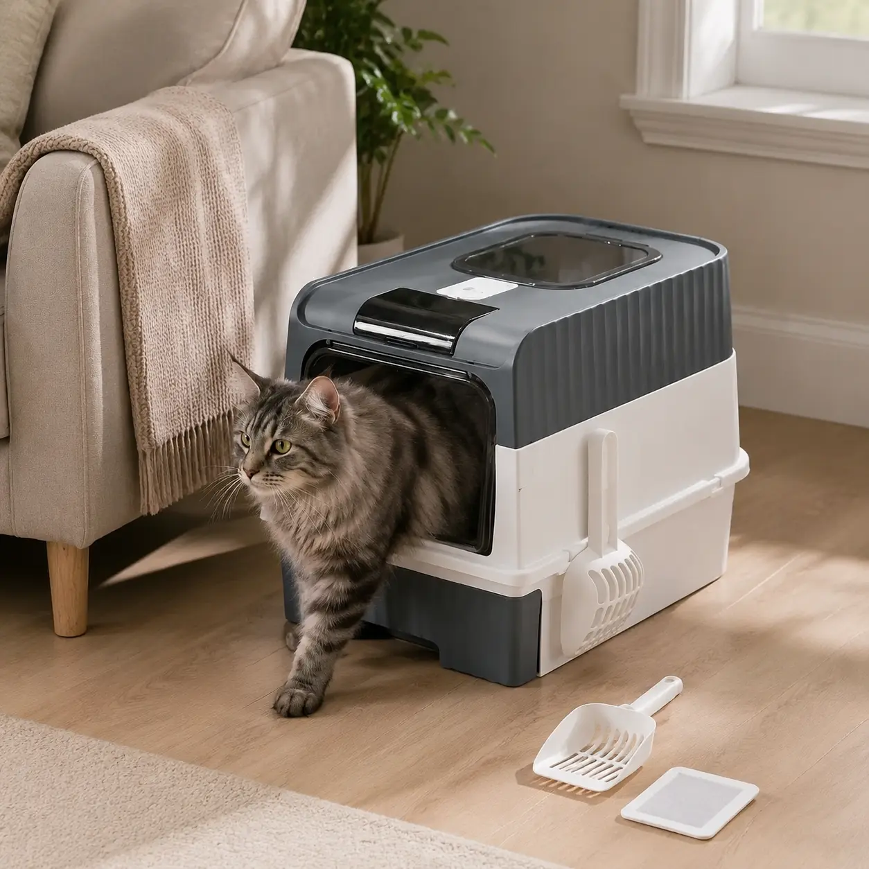 Gray-White Vertical Stripe Fully Enclosed Drawer-Style Cat Litter Box, Top Window Viewing, Dual-Entry Front Door, Deodorizing Filter Pads to Deodorize Odors, 2 Litter Scoops, Splash Guard, Ideal for Long-Haired Cats, Plastic, Automatic Litter Box