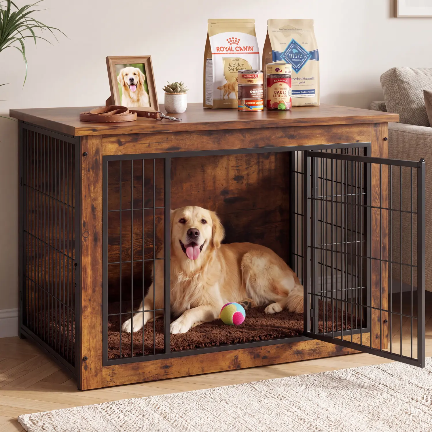 Dog Crate Furniture End Table, Wooden Dog House with Thick Cushion and Double Doors Dog Crate Furniture End Table, Wooden Dog House with Thick Cushion and Double Doors